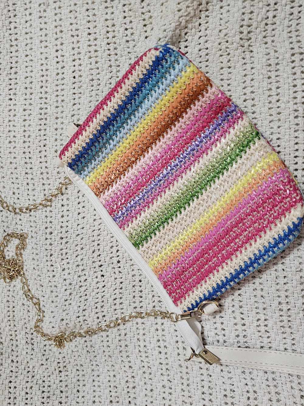 Colorful Striped Woven Crossbody Bag with Gold Chain